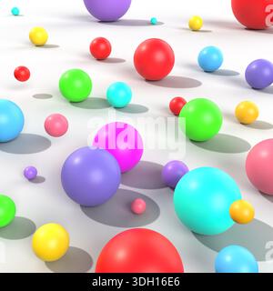 Illustration 3D de différentes tailles de boules colorées. Sphères colorées en 3D. Banque D'Images