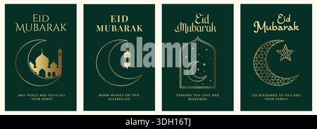 Vertical Eid Moubarak cartes de voeux vertes avec silhouettes métalliques dorées de mosquée, lampe suspendue, arche islamique, et lune avec des motifs géométriques Illustration de Vecteur