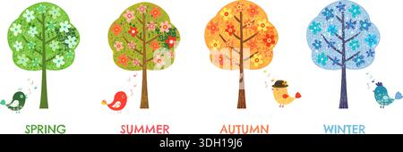 Arbres vectoriels de dessins animés avec des fleurs et des oiseaux en quatre saisons différentes, printemps, été, automne et hiver Illustration de Vecteur