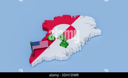 Carte isométrique 3D du terrain en forme de Groenland rendu en rouge et blanc, avec le drapeau groenlandais. Drapeau américain et chars militaires verts Banque D'Images