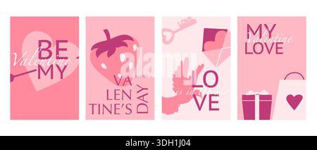 Ensemble d'affiches de Saint-Valentin, modèles de cartes de vœux. Peut être utilisé pour les couvertures, le fond vertical avec la typographie et les éléments romantiques plats abstraits. Illustration de Vecteur