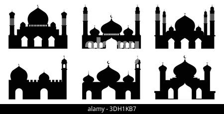 Collection de six silhouettes noires de mosquée dans un style minimaliste. Icônes architecturales islamiques avec diverses formes de dôme et de minaret isolées Illustration de Vecteur