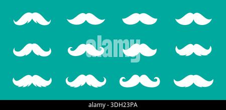 Silhouettes de moustache blanche sur fond sarcelle. Collection de moustaches vectorielles rétro élégante pour la marque de barbershop, la conception hipster, les accessoires de fête et Illustration de Vecteur