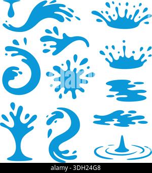 Ensemble de plusieurs éclaboussures d'eau bleue. Formes liquides de dessin animé plat pour la décoration abstraite, le design et les projets créatifs Illustration de Vecteur