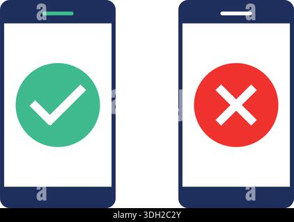 Icônes de validation de l'interface du téléphone intelligent – écran de téléphone mobile avec coche verte et symboles de la Croix-Rouge pour la confirmation et la conception de l'interface utilisateur d'erreur Illustration de Vecteur