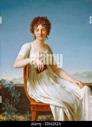 Portrait de Constance Pipelet par Jean Baptiste François Désoria, 1797, femme en robe néoclassique blanche assise sur un ciel bleu avec fond paysage Banque D'Images