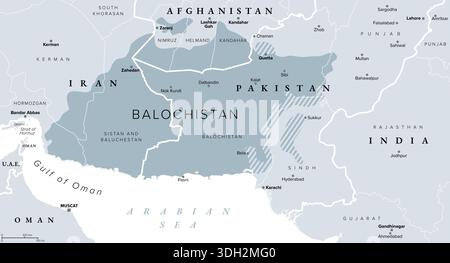 Baloutchistan, carte politique grise. Région historique en Asie de l'Ouest et du Sud, divisée entre les pays Iran, Afghanistan et Pakistan. Banque D'Images