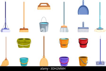 Eléments de nettoyage. Seaux et balais de dessin animé, pelle à poussière pour la poussière. Outils ménagers et de jardin. Nettoyer l'équipement de service, balai, seau, ensemble de vecteur sapid Illustration de Vecteur