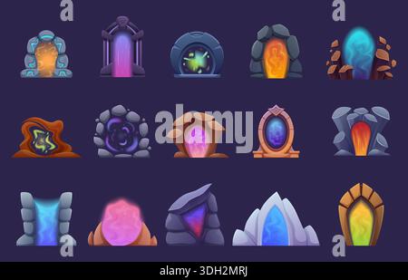 Portes magiques de dessins animés. Entrées futuristes avec plasma brillant, portails lumineux dans des cadres et des arches en pierre. Différents éléments de jeu d'ordinateur, sapid Illustration de Vecteur