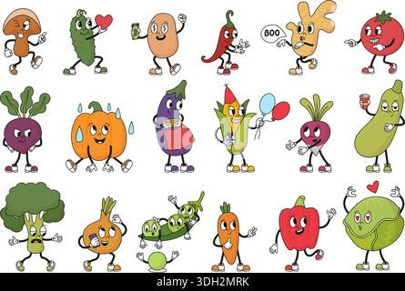 Légumes personnages rétro. Légume groovy avec sourire sussy. Maïs, gingembre, poivron, carotte et chou. Concombre funky, betterave en colère, néotérique Illustration de Vecteur
