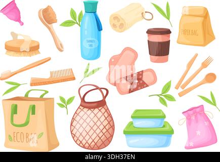 Aucun article gaspillé. Produits réutilisables, éléments de la nature ustensiles de cuisine bois brosse écologique style de vie produit biodégradable déchets plastiques, dessin animé set soigné illustration vectorielle illustration originale Illustration de Vecteur
