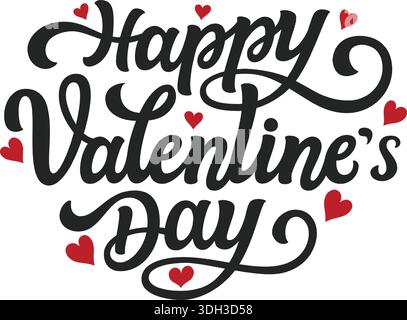 Romantique Happy Valentine's Day calligraphie lettrage avec Red Hearts Graphic Design Illustration de Vecteur