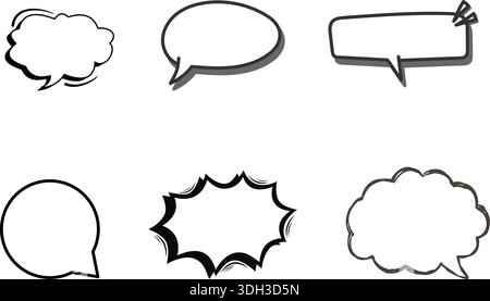 Collection de six icônes de bulle de parole dessinées à la main, en noir et blanc avec différentes formes et styles sur un fond blanc. Illustration de Vecteur