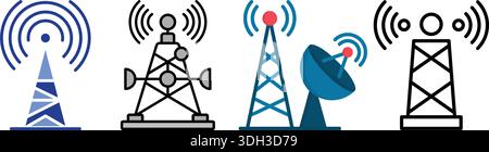 Collection de tours de communication stylisées et d'icônes d'antenne parabolique transmettant des signaux. Illustration de Vecteur