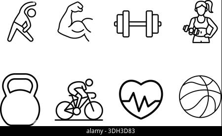 Ensemble d'icônes de dessin de ligne noir et blanc représentant des activités et équipements de fitness et de style de vie sain. Illustration de Vecteur