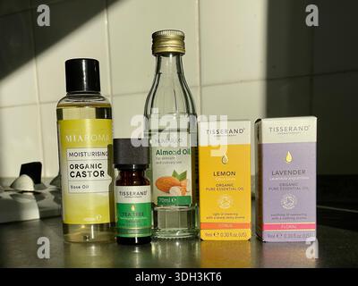 Huiles essentielles : huile de ricin, huile d'arbre à thé, huile d'amande, huile de citron et huile de lavande, utilisées pour la santé et le bien-être, y compris les soins de la peau Banque D'Images