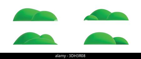 Dessins animés 3d collines d'herbe verte. Ensemble d'icônes de paysage rendu mignon isolé sur fond blanc Illustration de Vecteur