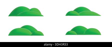 Ensemble de collines d'herbe verte 3D dans le style de bande dessinée. Rendu des éléments de la nature pour des paysages extérieurs créatifs et des scènes d'îles fantastiques. Illustration de Vecteur