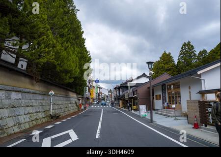 Koya San, Japon - 21 octobre 2023 : une rue centrale de Koya San présente des boutiques traditionnelles, un mur de pierre avec de grands arbres à feuilles persistantes, des panneaux de signalisation et quelques piétons sous un ciel couvert. Banque D'Images