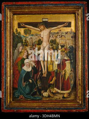 La Crucifixion de l'artiste autrichien ou bavarois, 1494, représentant le Christ sur la croix avec les deuils et les soldats devant un paysage urbain détaillé Banque D'Images