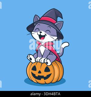 Chat sorcière mignon assis sur la citrouille d'Halloween Illustration de Vecteur