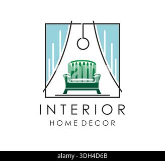 Icône de magasin d'intérieur, de meubles et de décoration. Emblème vectoriel de magasin de design à la maison, badge d'atelier de meubles d'appartement. Icône de magasin de décoration maison avec fauteuil vert élégant, rideaux bleus et lampe suspendue Illustration de Vecteur