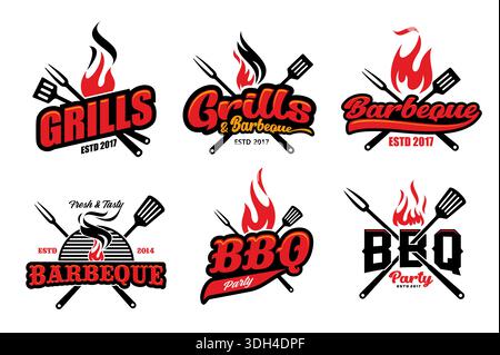 Icônes de barbecue avec fourchette de barbecue vectorielle et outils de spatule, feu avec des flammes rouges chaudes, fumée noire et grille de barbecue ronde panneaux isolés ensemble. Barbecue bar et restaurant, pique-nique d'été et fête de cuisine Illustration de Vecteur