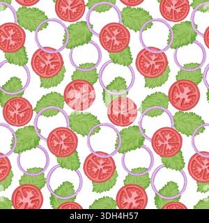motif sans couture avec tranches de tomates et rondelles d'oignon, feuilles de basilic et de persil Illustration de Vecteur