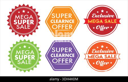 Collection de badges Mega Super Sale avec autocollants de réduction promotionnelle Super offre de liquidation et étiquettes exclusives Mega Sale pour le marketing de détail du commerce Illustration de Vecteur