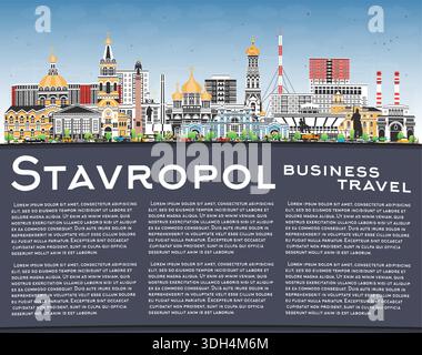 Ligne d'horizon de la ville de Stavropol Russie avec des bâtiments de couleur, ciel bleu et espace de copie. Illustration vectorielle. Paysage urbain de Stavropol avec des points de repère. Voyages, tourisme Illustration de Vecteur