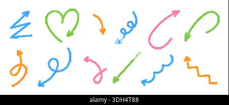 Jeu de flèches griffonneuses. Collection de flèches colorées au pinceau pixel Illustration de Vecteur