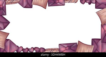 Bannière rectangulaire avec des lettres, des enveloppes ouvertes et fermées, une plume et des coeurs. Illustration aquarelle. Le design est dans les tons de violet et de rose Banque D'Images