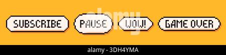 Pixel art 3 bulles de discours : abonnez-vous, pause, wow et jeu sur des mots sur fond jaune. Illustration de Vecteur