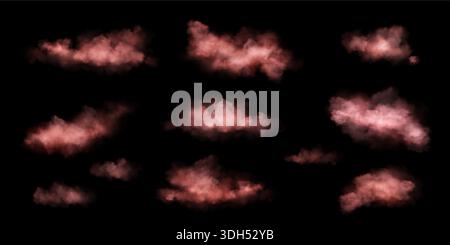 Nuages roses magiques ensemble isolé sur fond. Illustration réaliste vectorielle de nuages de ciel de rêve, d'éléments de conception de paysage nuageux moelleux, de fumée légère transparente, de barbe à papa gonflée, de texture de brume fumée Illustration de Vecteur