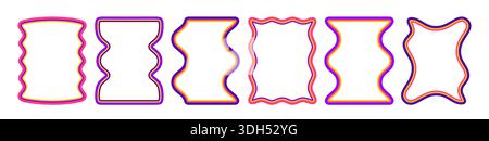 Bordure de cadre festonnée avec bords ondulés et formes ondulées. Cadres rectangulaires de style Y2K dans des couleurs vives avec de jolies lignes courbes, des motifs funky et des motifs Starburst rétro. Illustration de Vecteur