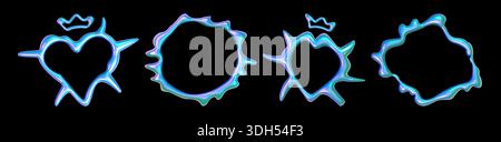 Abstrait y2k cadres chromés ensemble isolé sur noir. Illustration réaliste vectorielle de coeur holographique et de bordures de forme ronde, élément de conception métallique rose bleu avec surface brillante irisée Illustration de Vecteur