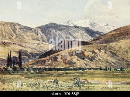 DELPHES DE ITEA ce dessin indique d'une manière générale la position de Delphes par rapport à la plaine de Cirrha ci-dessous et le sommet enneigé de Parnassos ci-dessus. Sur la gauche se trouve l'ouverture de la gorge du Pleistos. Juste au-dessus où il disparaît de la vue, à droite, le nouveau village appelé Delphes est visible sur le versant de la montagne devant les grands précipices de la gorge Castalienne. Ancienne Delphes se trouve hors de vue dans le creux immédiatement derrière le nouveau village, et entre lui et les falaises de Castalian. Peint par John Fulleylove, R.I. publié en 1906 Banque D'Images