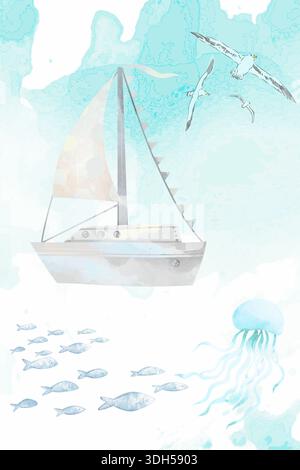 Aquarelle abstrait paysage marin avec voilier, mouettes et méduses Dreamy Aquarelle illustration de voilier au-dessus de Fish Shoal et méduses Banque D'Images