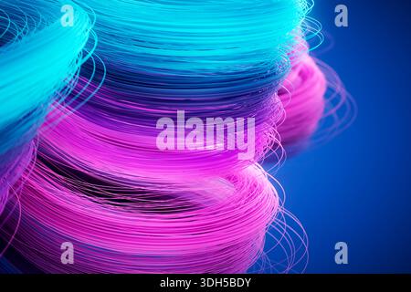 Une illustration 3D vibrante présente des vagues fluides ressemblant à des cheveux dans des tons bleu électrique, violet, rose et magenta sur un fond bleu profond, créant un Banque D'Images