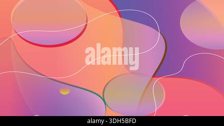 Fond liquide abstrait coloré et vibrant avec des sphères de verre translucide en couches et de fines lignes ondulées blanches avec des dégradés roses et orange Illustration de Vecteur