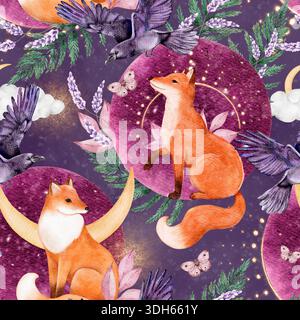 Modèle sans couture avec renards, lune et plantes forestières. Illustration aquarelle peinte à la main pour textile, papier peint, papier d'emballage et dessins d'enfants. Dar Banque D'Images