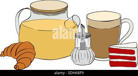 Thé, croissant, sucre, café, gâteau Cafe composition illustration dessinée à la main. Encre de ligne graphique vectorielle colorée Bannière, affiche, papier d'emballage, sti Illustration de Vecteur