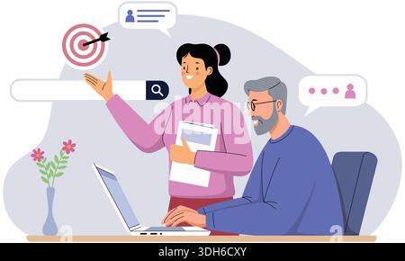 Deux personnes discutant de la stratégie cible avec un ordinateur portable Illustration de Vecteur