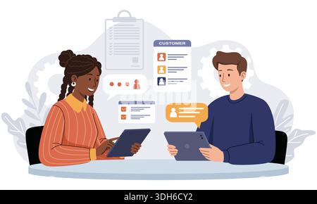 Collègues professionnels discutant des informations client sur tablettes Illustration de Vecteur