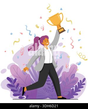 Illustration plate de femme d'affaires heureuse tenant trophée d'or avec fond de confettis Illustration de Vecteur