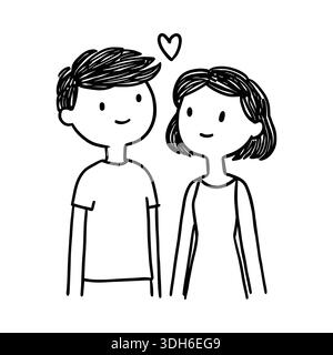 Couple mignon doodle amoureux. Sourire garçon et fille, ligne de crayons dessinés à la main Illustration vectorielle de dessin simple Illustration de Vecteur