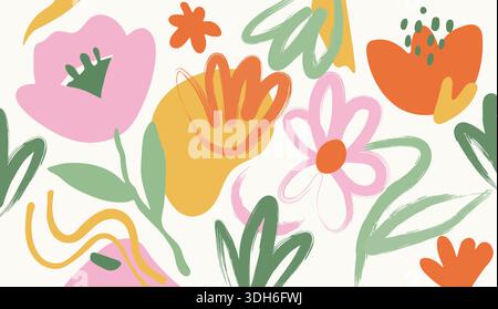 Motif floral coloré amusant. Fond d'art abstrait avec des fleurs dessinées à la main, des formes organiques et des lignes Illustration de Vecteur