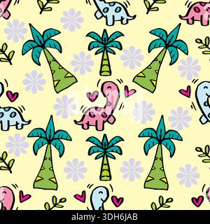 Modèle sans couture avec des dinosaures et des fleurs mignons. Illustration vectorielle. Illustration de Vecteur
