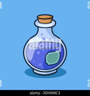 Potion magique bleue en bouteille de verre, bière de sorcière Spooky avec bouchon de liège pour Halloween et Fantasy Illustration de Vecteur