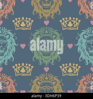 Modèle sans couture avec lions et couronnes. Style vintage. Illustration vectorielle. Illustration de Vecteur